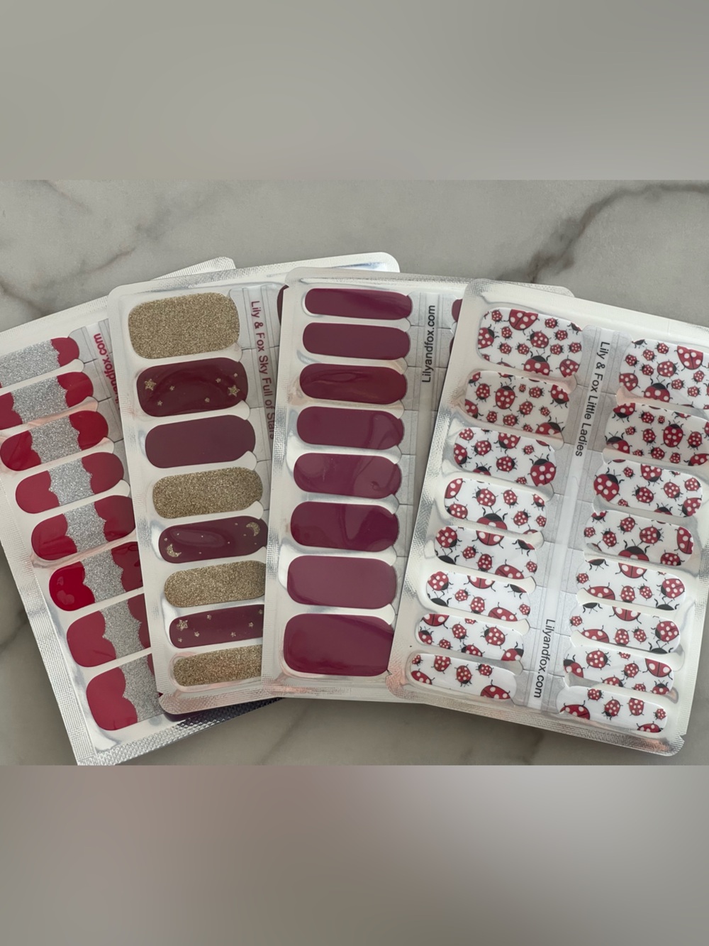 Lily & Fox Red, Burgundy, Gold, Silver, Ladybug Nail Wraps Sets
